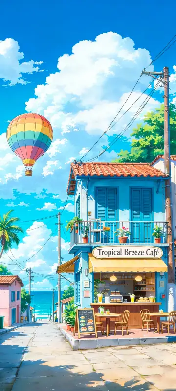 Hintergrundbild „Tropical Breeze Café“ · Stil Anime-Tage