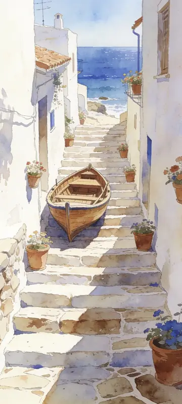 Fondo de pantalla «Moored on the Steps» · estilo Watercolor Coast