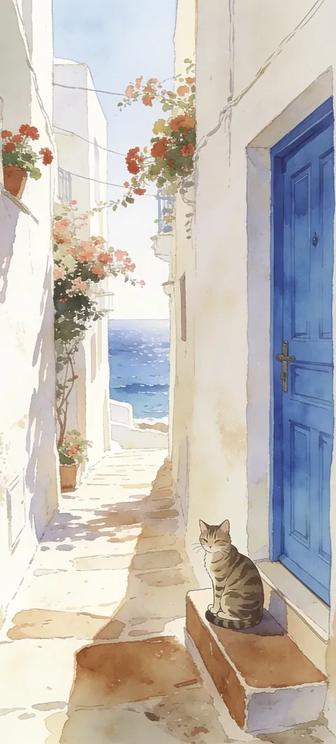 “Blue Door Cat” wallpaper · Watercolor Coast style