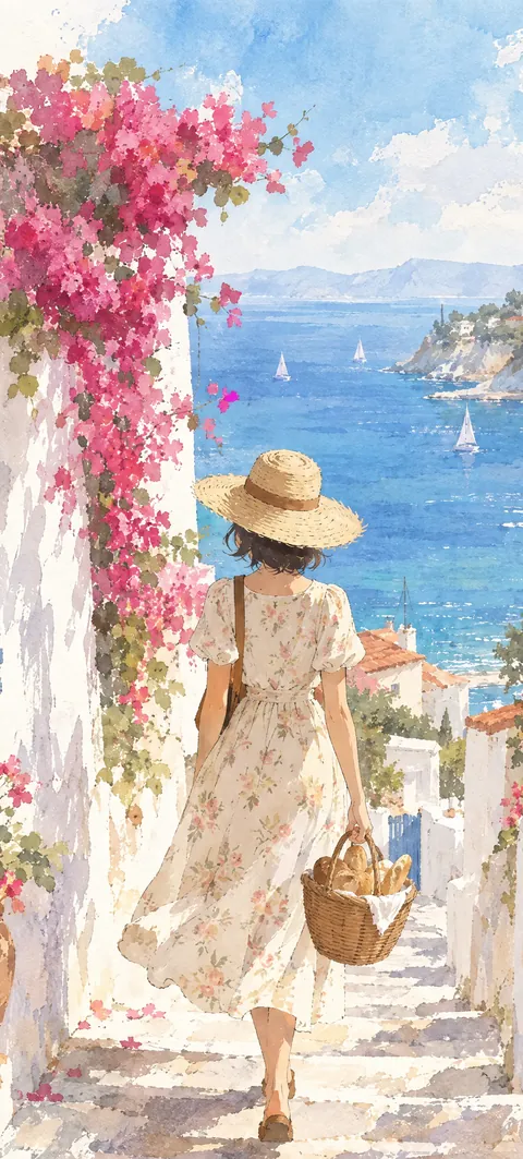 “Fresh bread, steep steps” wallpaper · Watercolor Coast style