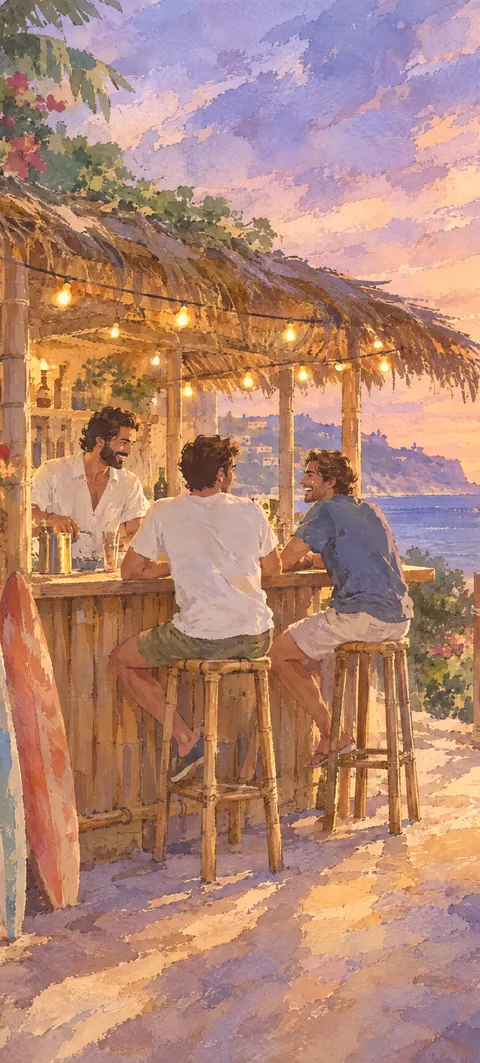 “Last round at sunset” wallpaper · Watercolor Coast style