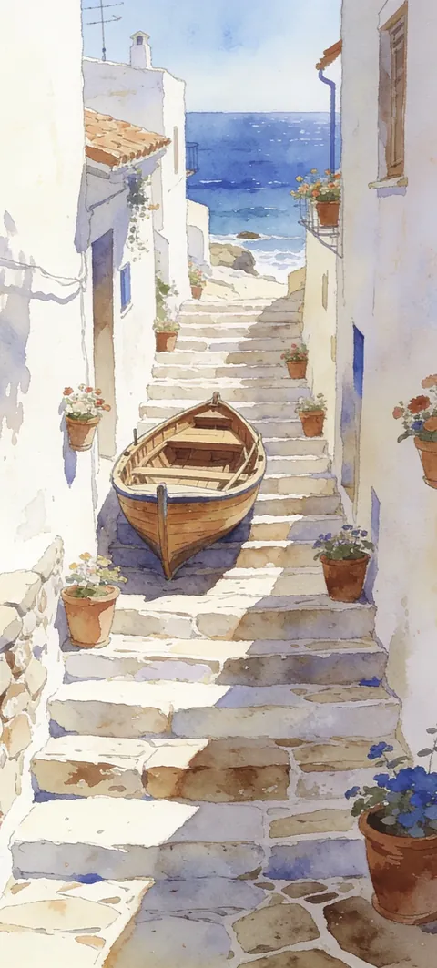 “Moored on the Steps” wallpaper · Watercolor Coast style
