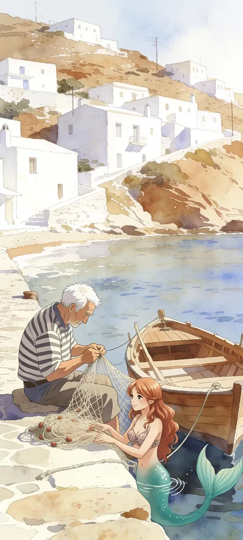 “Net Mender” wallpaper · Watercolor Coast style
