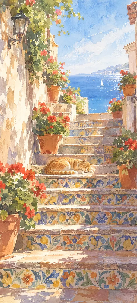 “The cat owns these stairs” wallpaper · Watercolor Coast style